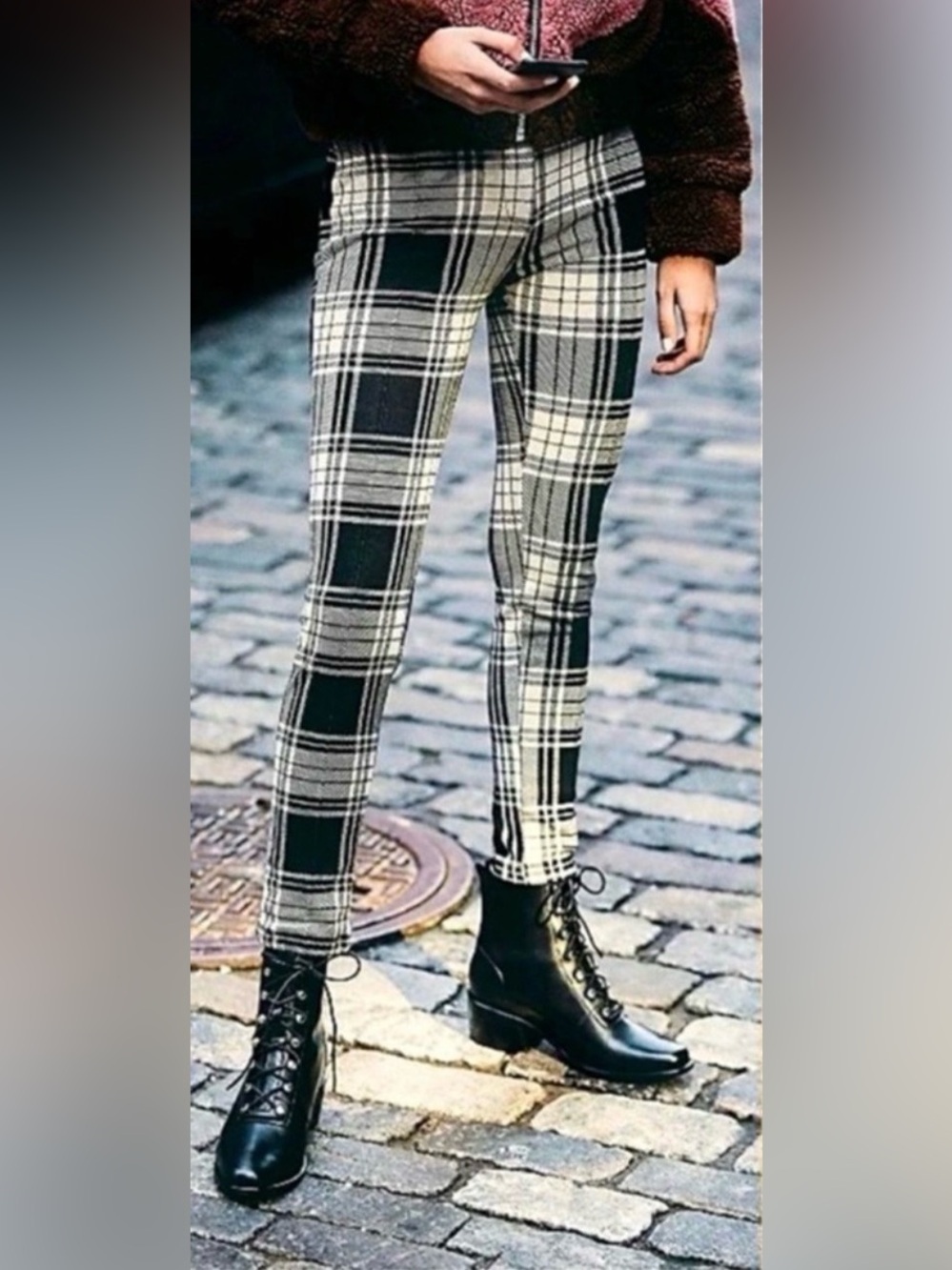 Free People Black and White Plaid Pants